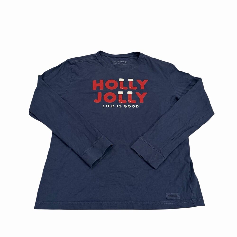 Life Is Good Holly Jolly Crusher T-Shirt Men's Medium Blue Christmas Long Sleeve
